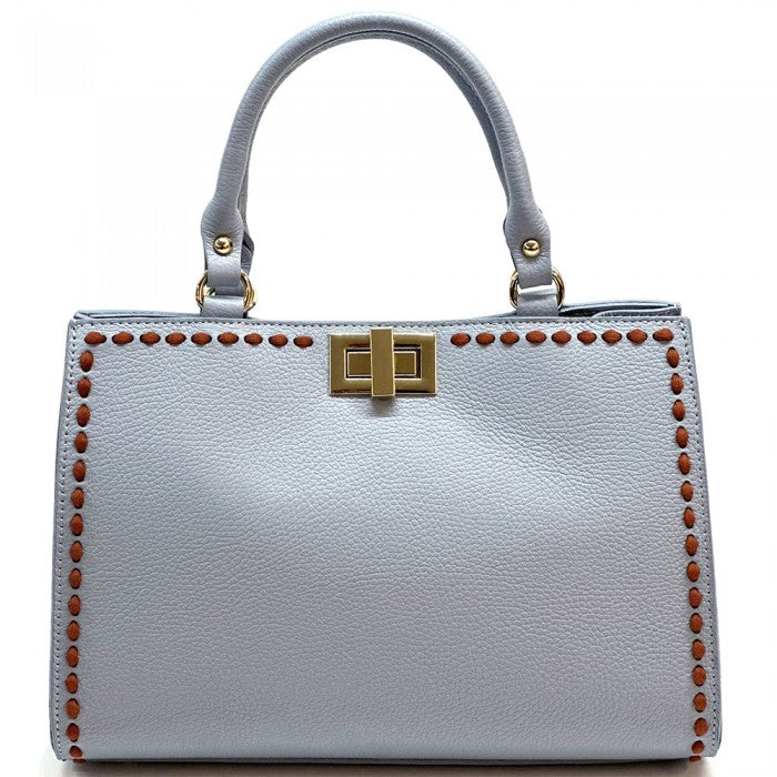 A Grey Clizia leather handbag with detailed patterns and a structured design, displayed against a plain background.