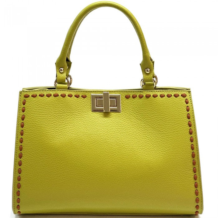 A green Clizia leather handbag with detailed patterns and a structured design, displayed against a plain background.