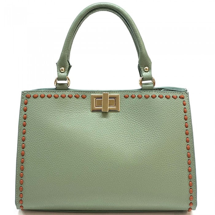 A green Clizia leather handbag with detailed patterns and a structured design, displayed against a plain background.
