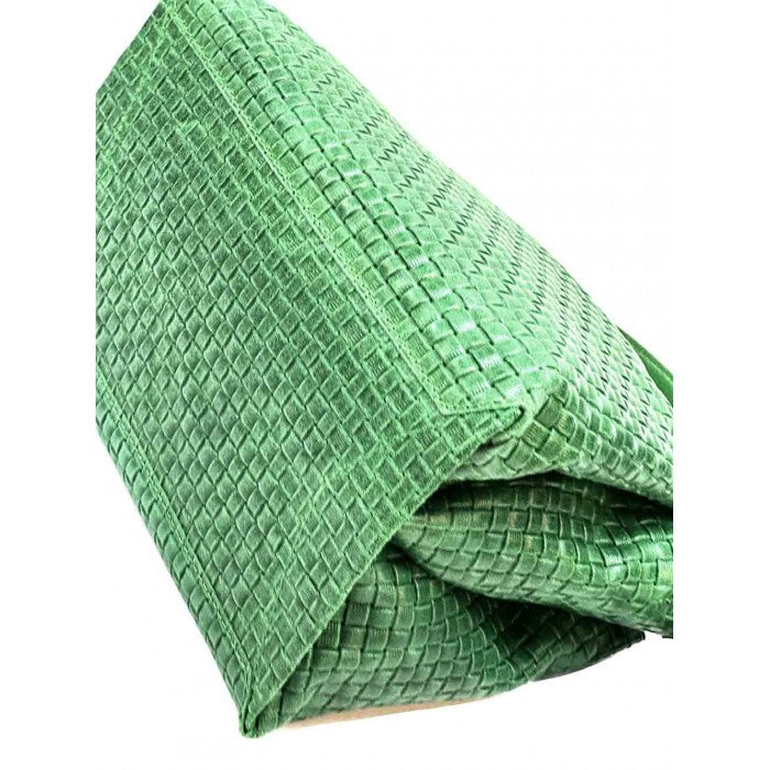 A green cow leather handbag with a textured pattern, showing the bag&