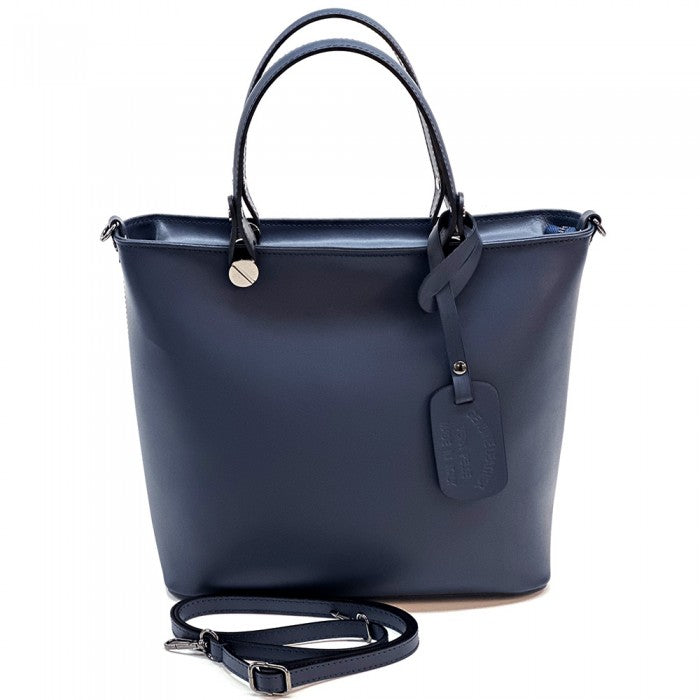 A navy blue leather tote bag with two handles and a detachable shoulder strap.