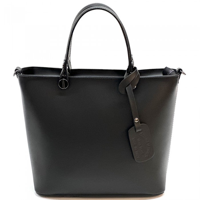 A leather tote bag with two handles and a detachable shoulder strap.