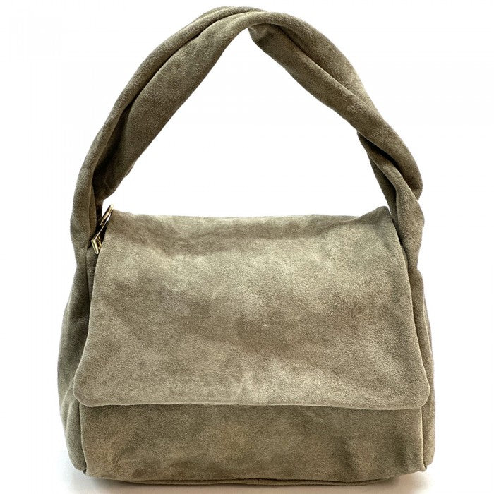 A beige suede leather handbag with a shoulder strap and a roomy compartment, crafted with premium-quality Italian suede leather.