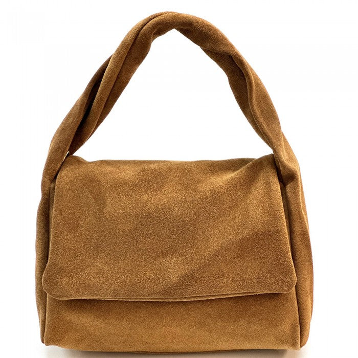 A Brown suede leather handbag with a shoulder strap and a roomy compartment, crafted with premium-quality Italian suede leather.