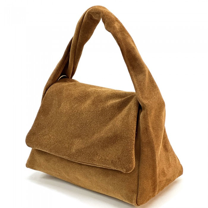 A Brown suede leather handbag with a shoulder strap and a roomy compartment, crafted with premium-quality Italian suede leather.