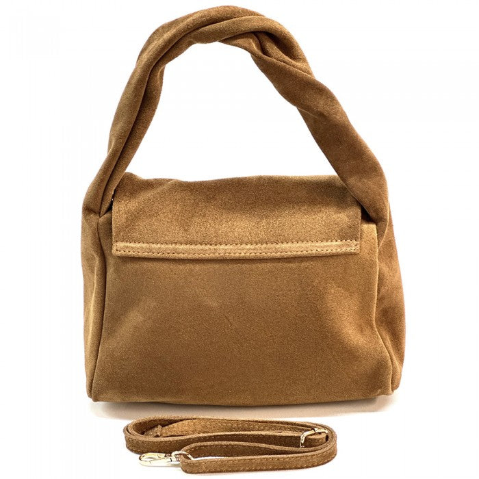 A Brown suede leather handbag with a shoulder strap and a roomy compartment, crafted with premium-quality Italian suede leather.