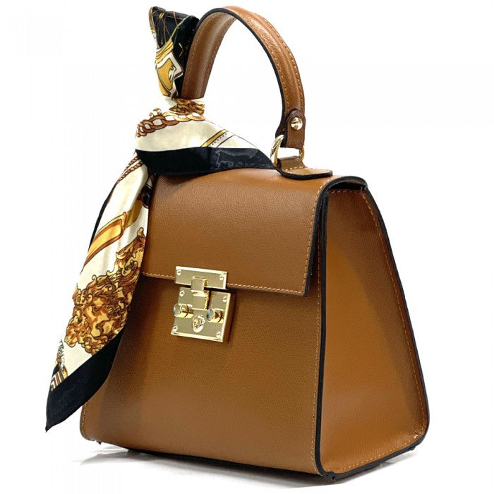 A Bella Mini Tote handbag with a silk scarf wrapped around the handle, featuring a gold-tone twist lock and a detachable shoulder strap.