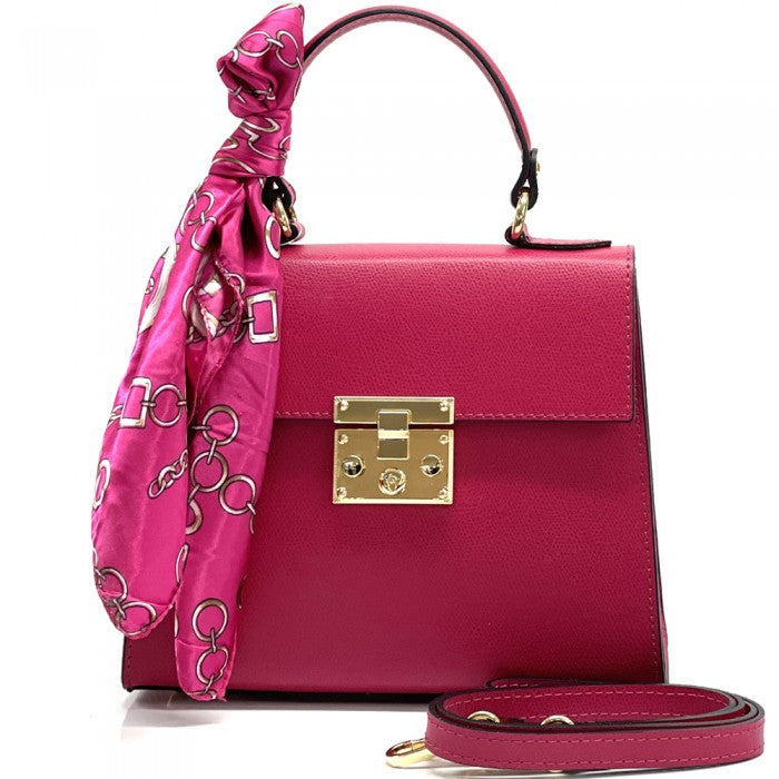 A Bella Mini Tote handbag with a silk scarf wrapped around the handle, featuring a gold-tone twist lock and a detachable shoulder strap.