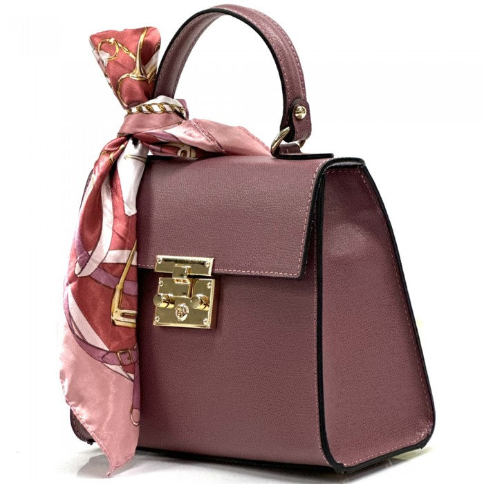 A Bella Mini Tote handbag with a silk scarf wrapped around the handle, featuring a gold-tone twist lock and a detachable shoulder strap.