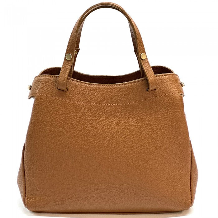 A beige Italian leather handbag with structured silhouette and gold-tone hardware, featuring sturdy handles and a detachable shoulder strap.