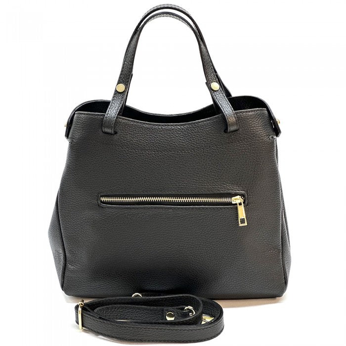 A black Siena handbag made of premium Italian leather, featuring a structured silhouette with soft curves and gold-tone hardware, designed for both casual and formal settings.