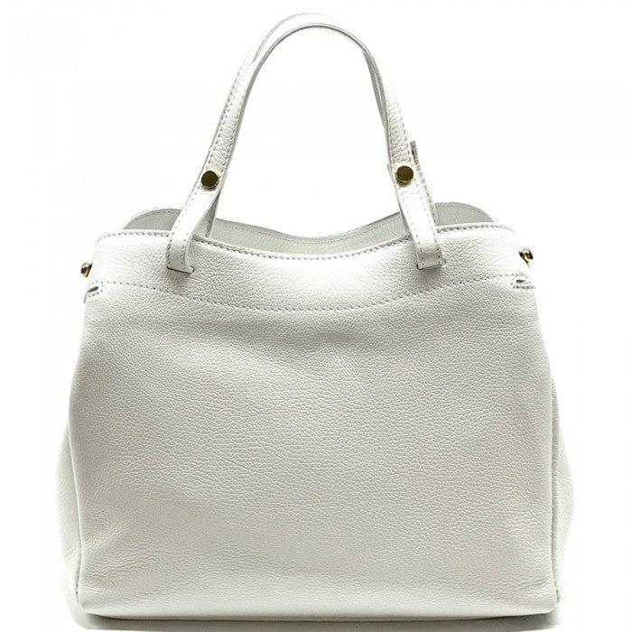 A White Italian leather handbag with structured silhouette and gold-tone hardware, featuring sturdy handles and a detachable shoulder strap.