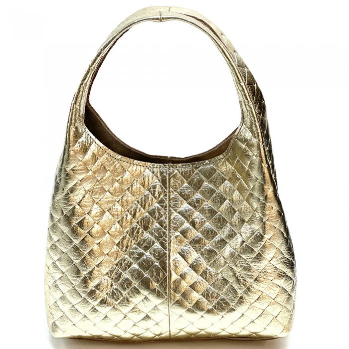 A quilted Italian leather hobo bag with a metallic gold finish and a soft, textured surface. It features two handles and a detachable shoulder strap.