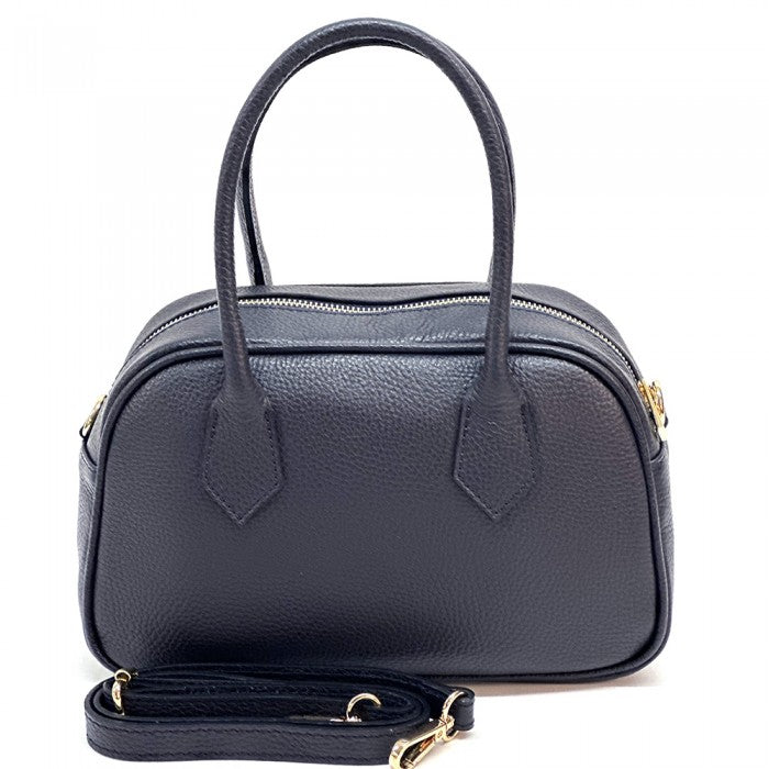 A Black Bella Vita leather handbag with double handles and a zip closure, made from Italian leather.