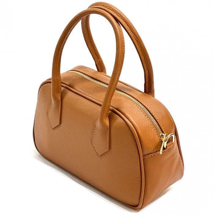 A Brown Bella Vita leather handbag with double handles and a zip closure, made from Italian leather.