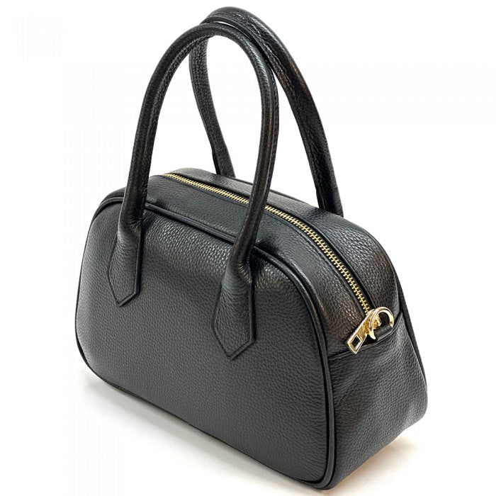 A black Bella Vita leather handbag with double handles and a zip closure, made from Italian leather.