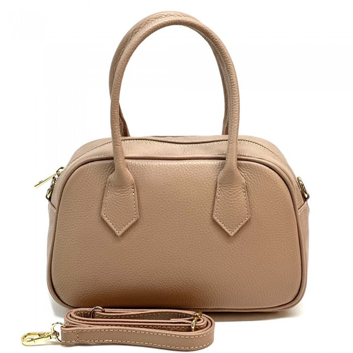 A black Bella Vita leather handbag with double handles and a zip closure, made from Italian leather.