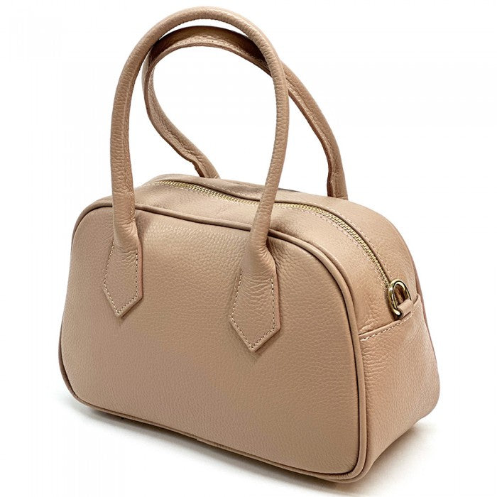 A black Bella Vita leather handbag with double handles and a zip closure, made from Italian leather.