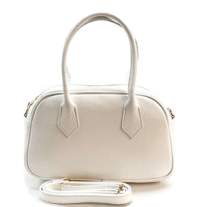 A beige Bella Vita leather handbag with double handles and a zip closure, made from Italian leather.