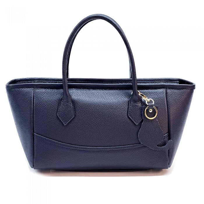 A Blue Italian leather tote bag with twin handles and a detachable leather keychain.