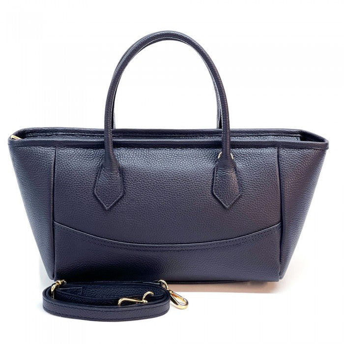 A Blue Italian leather tote bag with twin handles and a detachable leather keychain.