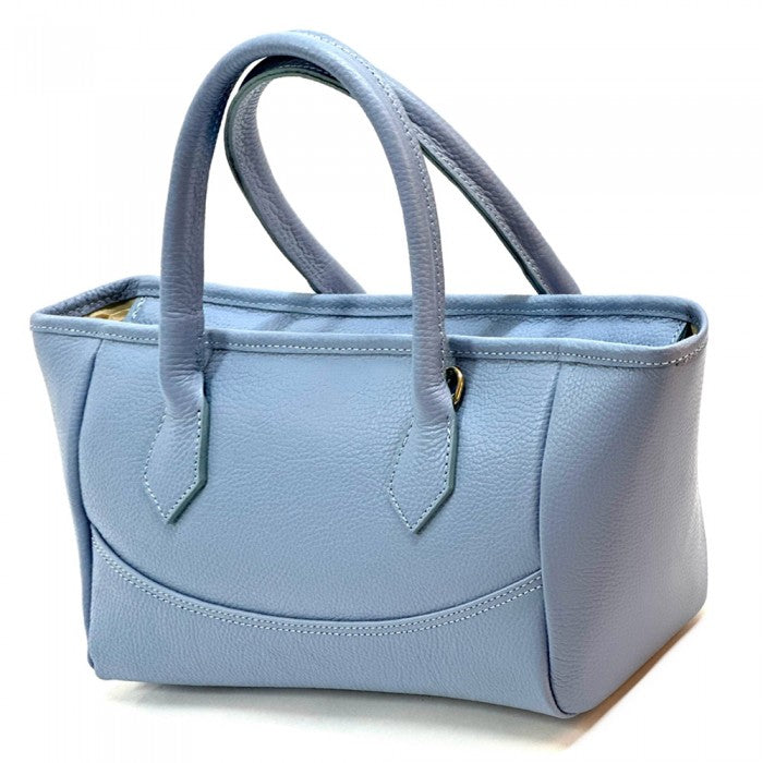 A Blue Italian leather tote bag with twin handles and a detachable leather keychain.