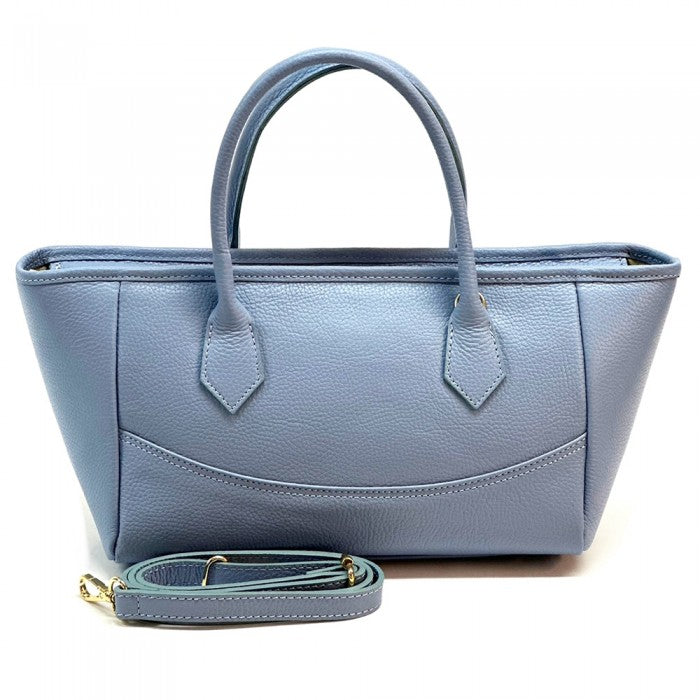A Blue Italian leather tote bag with twin handles and a detachable leather keychain.