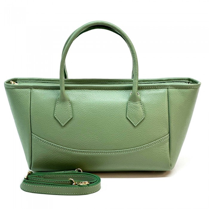 A green Italian leather tote bag with twin handles and a detachable leather keychain.
