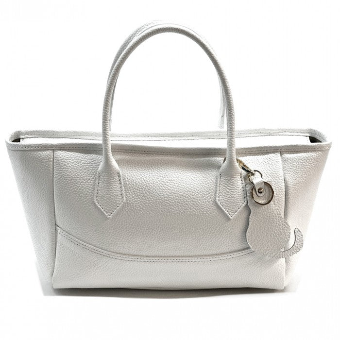 A Silver Italian leather tote bag with twin handles and a detachable leather keychain.