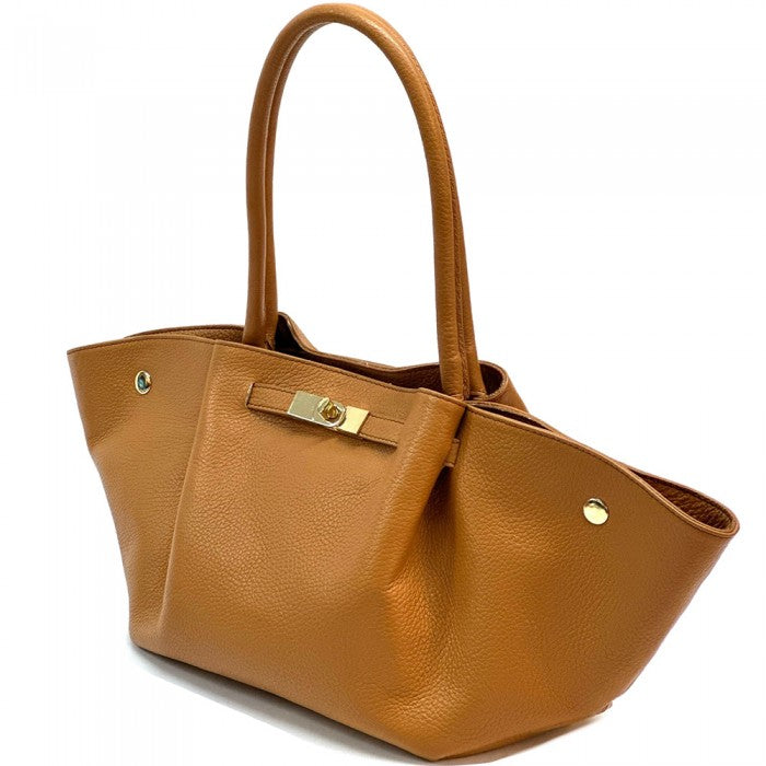 A brown Vivara Italian leather tote bag with dual handles and a gold-tone twist-lock closure.