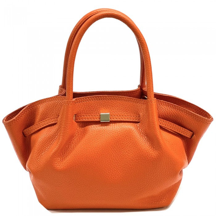 A brown Terra Italian handmade leather handbag with double rounded top handles and a central metallic snap closure.