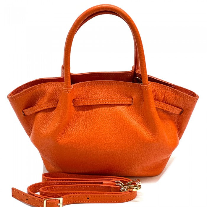A brown Terra Italian handmade leather handbag with double rounded top handles and a central metallic snap closure.