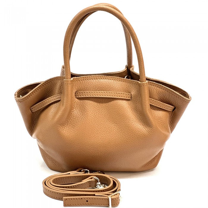 A brown Terra Italian handmade leather handbag with double rounded top handles and a central metallic snap closure.