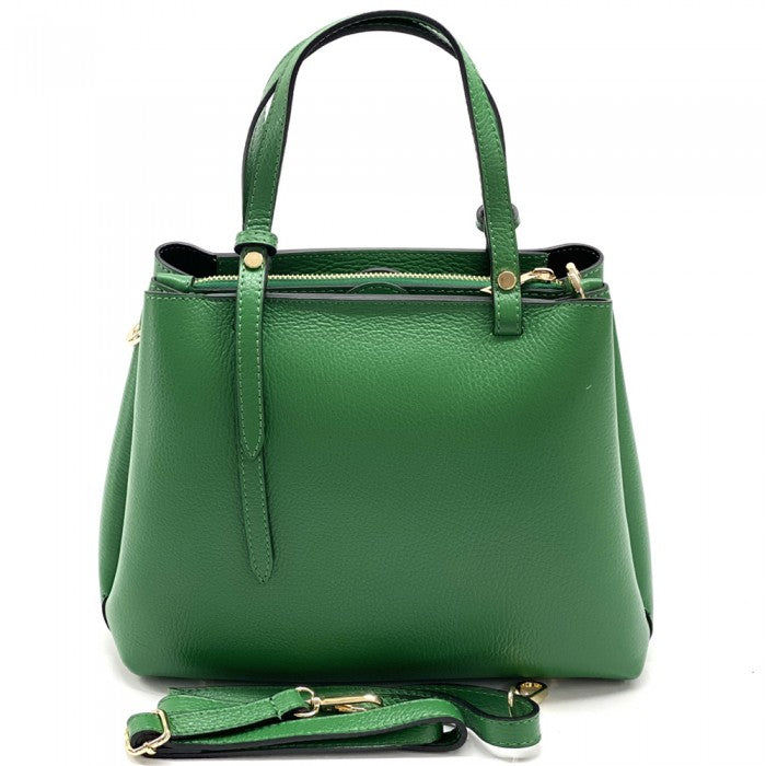 A green Katrine leather handbag with dual handles and a detachable shoulder strap, displayed against a plain background.