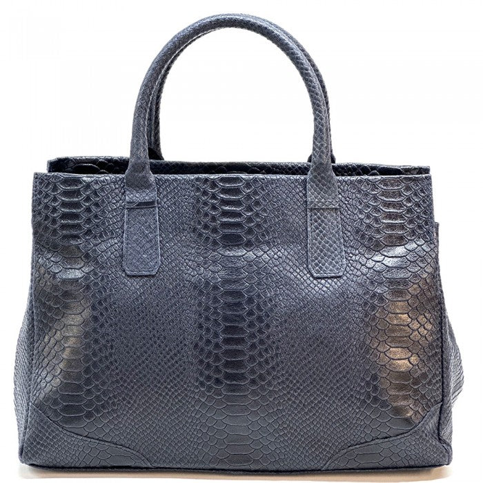 A blue genuine leather tote bag with a python print texture, featuring sturdy double handles and a structured shape.