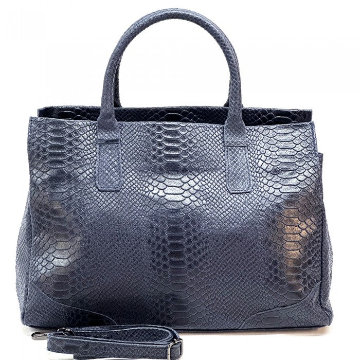 A blue genuine leather tote bag with a python print texture, featuring sturdy double handles and a structured shape.