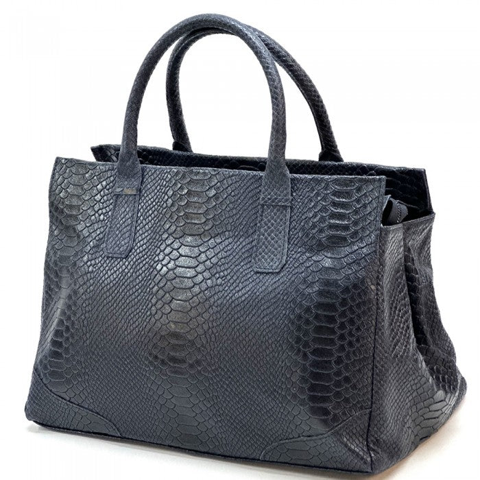 A blue genuine leather tote bag with a python print texture, featuring sturdy double handles and a structured shape.