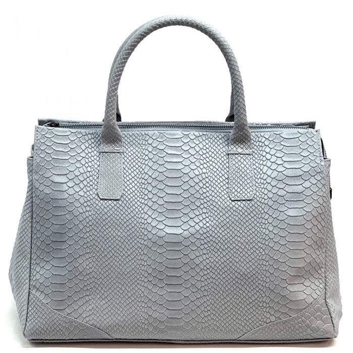A blue genuine leather tote bag with a python print texture, featuring sturdy double handles and a structured shape.
