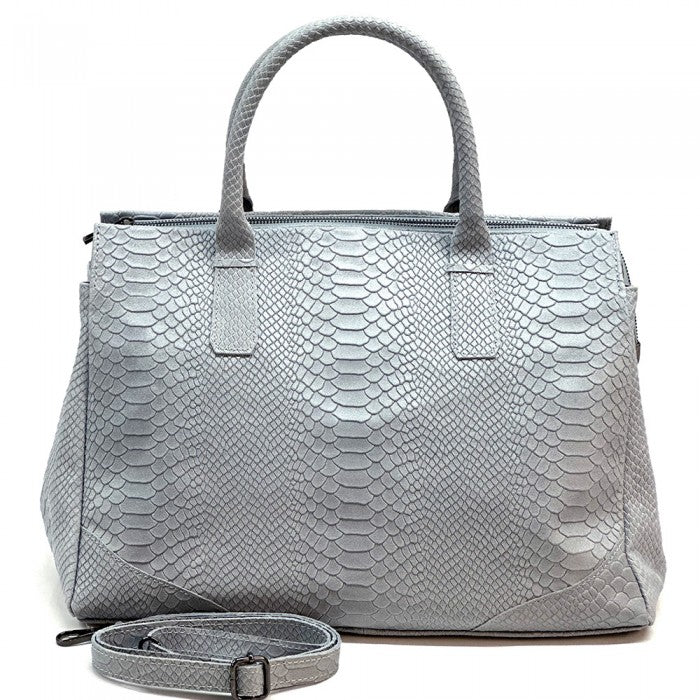 A blue genuine leather tote bag with a python print texture, featuring sturdy double handles and a structured shape.