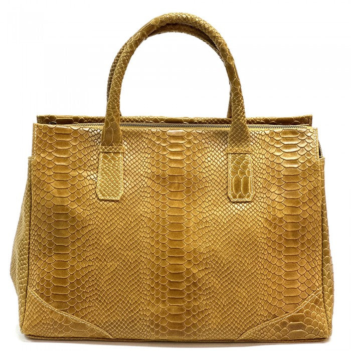 A blue genuine leather tote bag with a python print texture, featuring sturdy double handles and a structured shape.