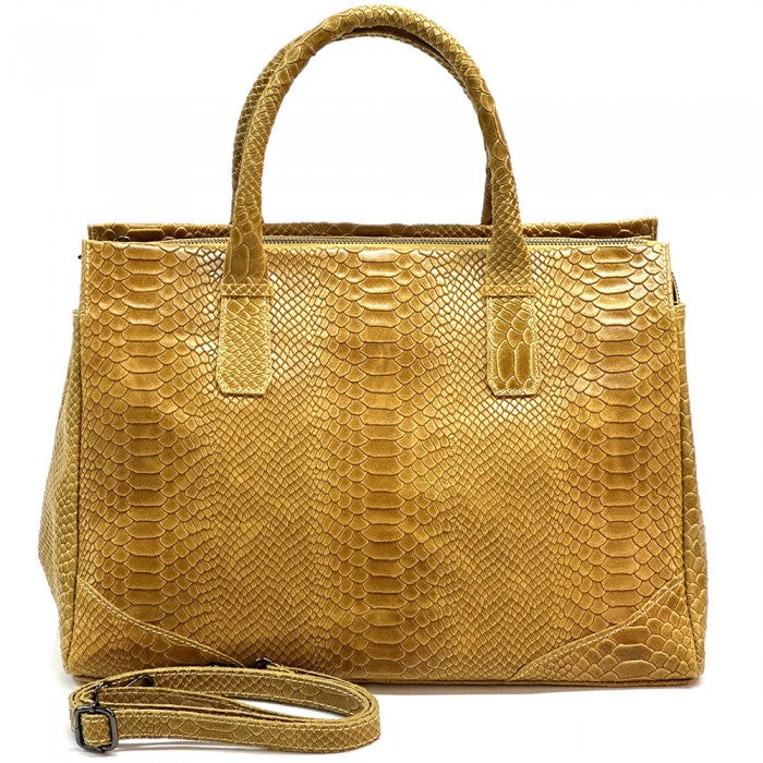A blue genuine leather tote bag with a python print texture, featuring sturdy double handles and a structured shape.