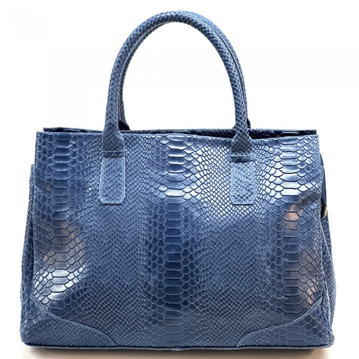A blue genuine leather tote bag with a python print texture, featuring sturdy double handles and a structured shape.