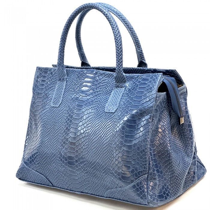 A blue genuine leather tote bag with a python print texture, featuring sturdy double handles and a structured shape.