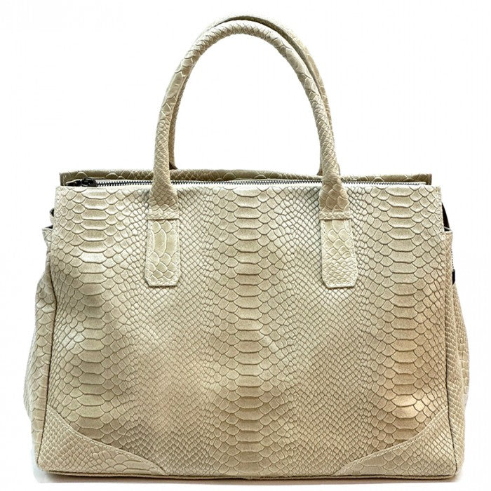 A genuine leather tote bag with a python print texture, featuring sturdy double handles and a structured shape.