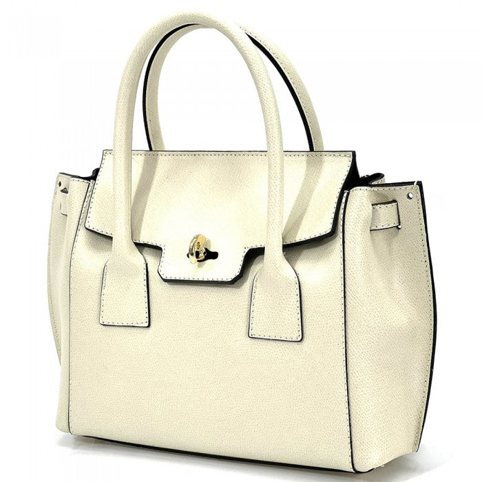 A Italian leather handbag with a structured design, double handles, and a gold-tone clasp.