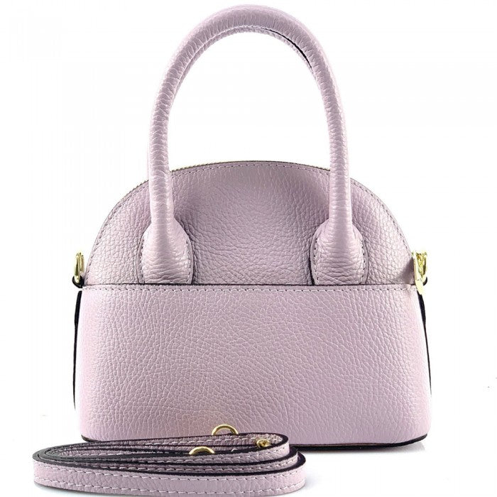 A purple Bellaria Italian leather shell bag with double top handles and a gold-tone zipper.