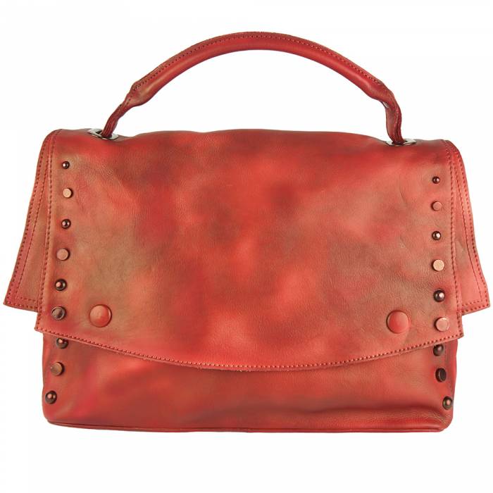 A red leather handbag with a shoulder strap and stud details.