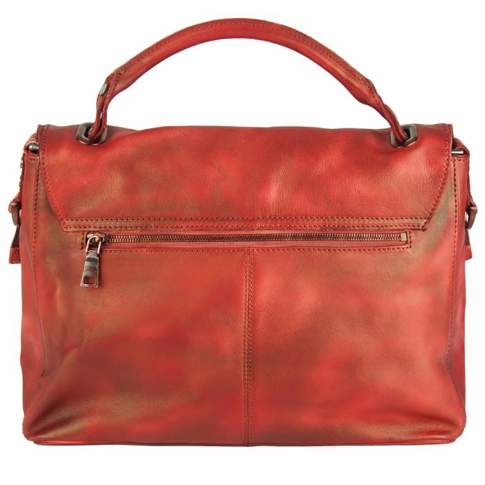 A red leather handbag with a shoulder strap and stud details.