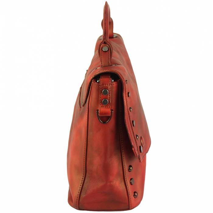 A red leather handbag with a shoulder strap and stud details.