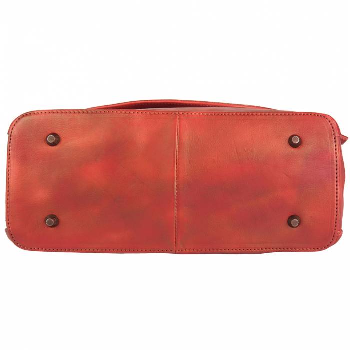 A red leather handbag with a shoulder strap and stud details.